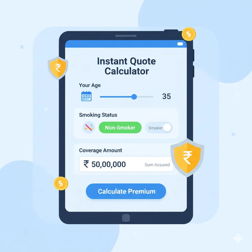 Cartoon screenshot-style illustration of a life insurance premium calculator showing sum assured and age inputs.