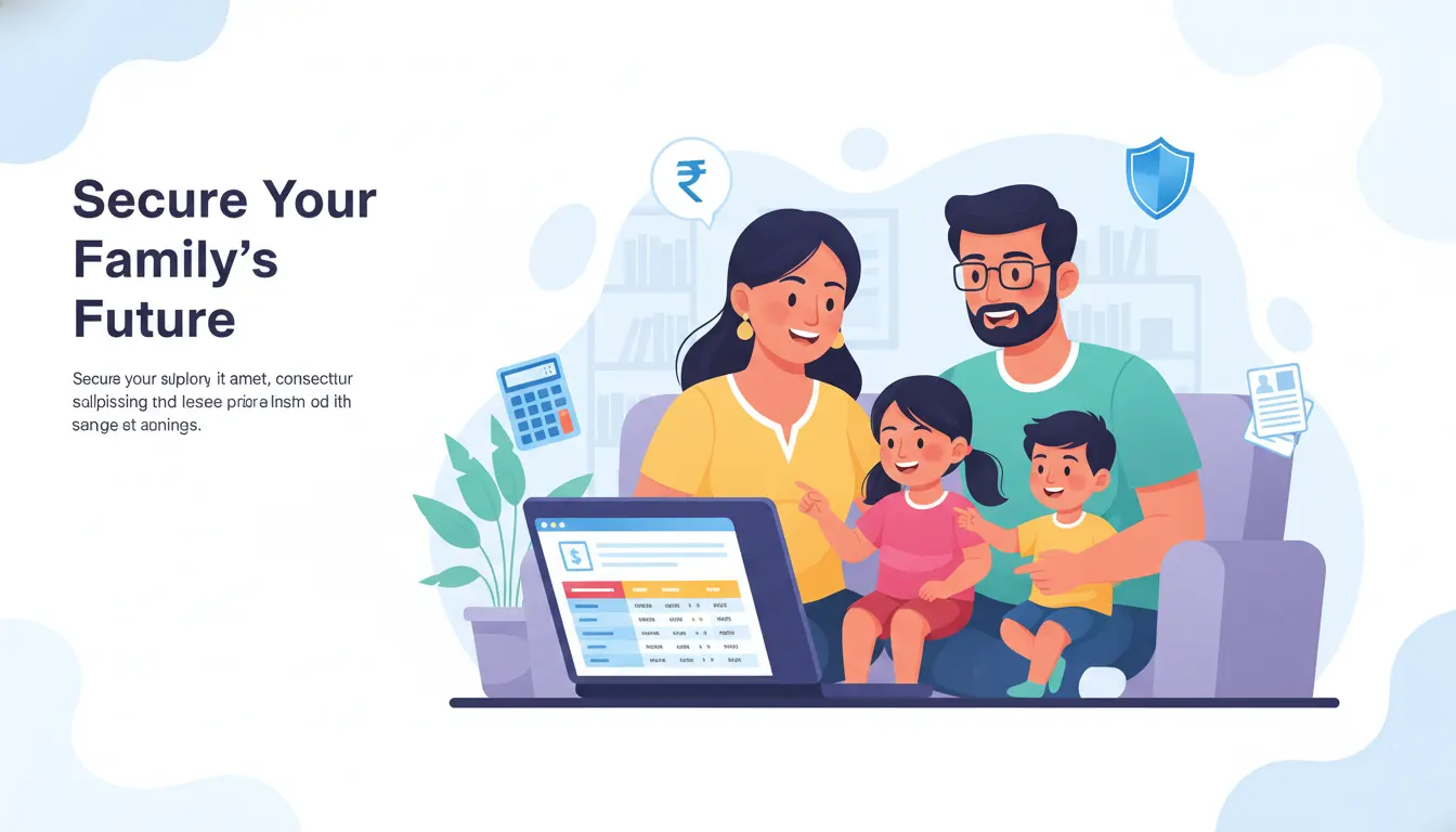 Cartoon illustration of an Indian family comparing life insurance quotes online on a laptop, showing rupee symbol, shield icon, and policy documents.